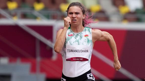 Kristina Tymanovskaya, Běloruska, běží na 100 m žen na olympijských hrách v Tokiu 30. července.