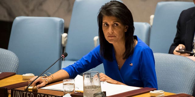 NEW YORK, NY - 5. dubna: Americká velvyslankyně při OSN Nikki Haleyová předsedá zasedání Rady bezpečnosti OSN v sídle OSN, 5. dubna 2017 v New Yorku.  (Foto: Drew Angerer/Getty Images)